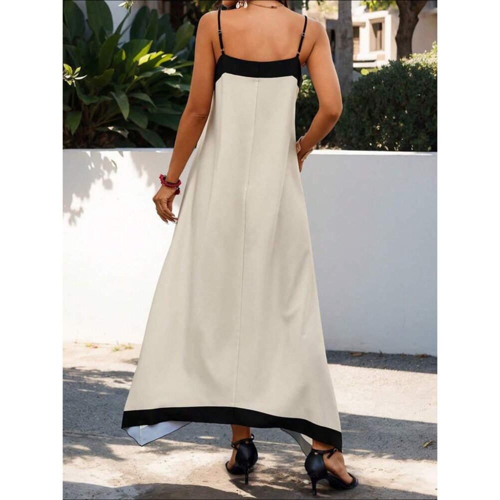 Contrast minimalist Cami sleeve two tone sleeveless maxi dress navy blue tan - Picture 6 of 6